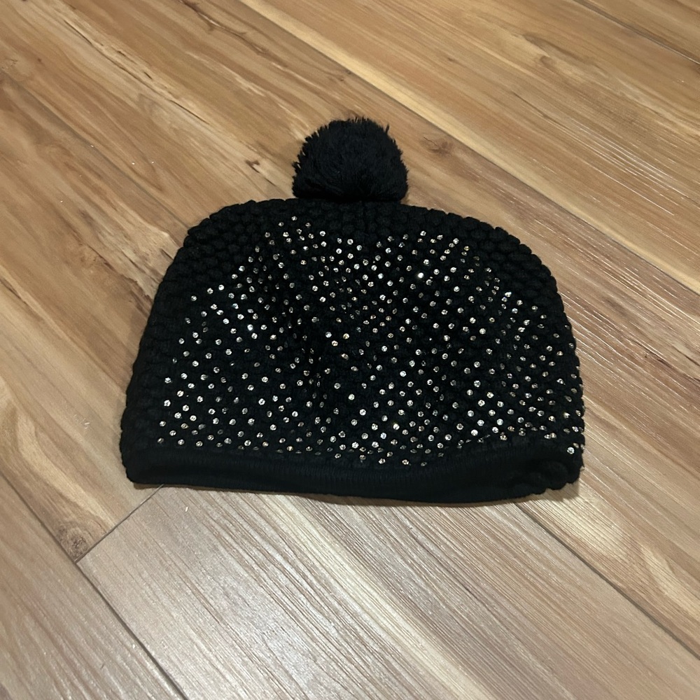 Black Knit Beanie with Pom and Silver Accents